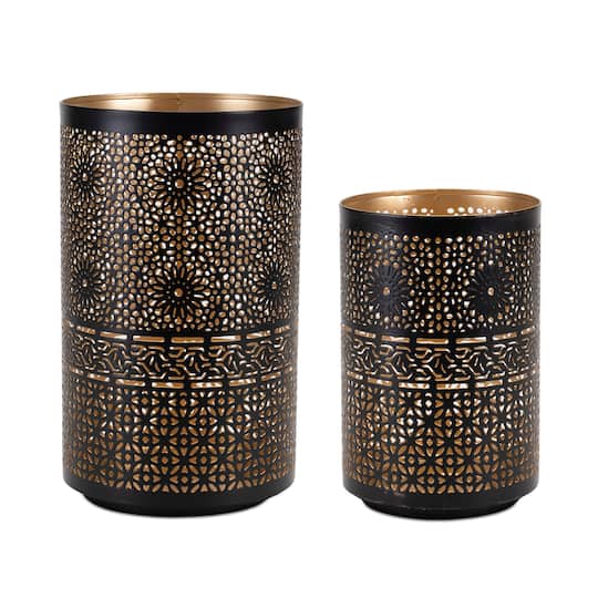 Black & Gold Mandala Punched Metal Candle Holder Set